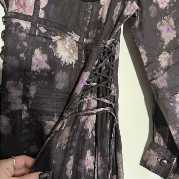 100% Linen Victorian Style Floral Long Sleeve Dress Size XS - Picture 4 of 6